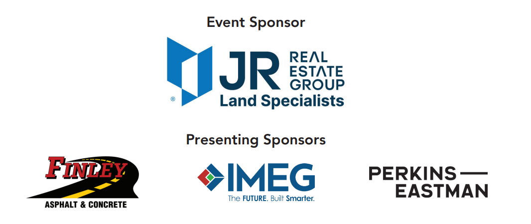 Images of sponsor logos including JR Real Estate Group, Finley Asphalt, IMEG, and Perkins Eastman
